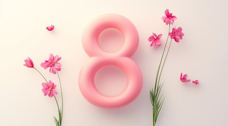 8 March, International Women's Day, pink figure eight and flowers on a light background, created...