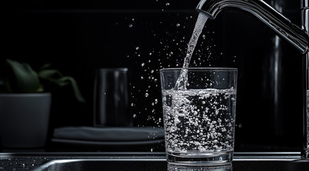 Water pouring from a tap into a glass on a black background with space for text, created with...