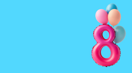 8 March, International Women's Day, figure eight shaped balloon on a blue background, with space for...