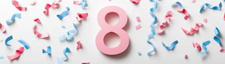 8 March, International Women's Day, pink figure eight and confetti on white background, top view,...