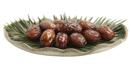 Dried dates on a date palm leaf on a plate, close up, PNG