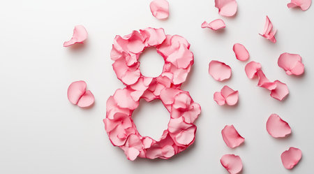 8 March, International Women's Day, figure of eight petals on a white background, top view, close up, created with Generative AI technologyの写真素材
