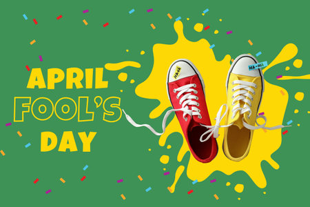 April Fool's Day, sneakers of different colors tied together on a green background, top view, with textの写真素材