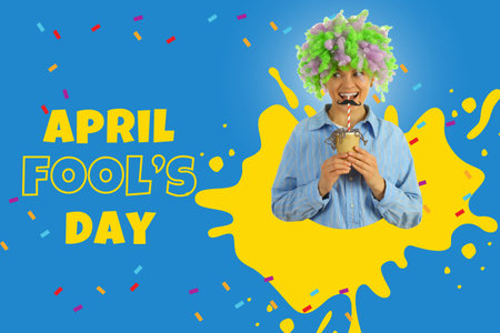 April Fool's Day, woman in clown wig holding paper cup on blue background with textの写真素材