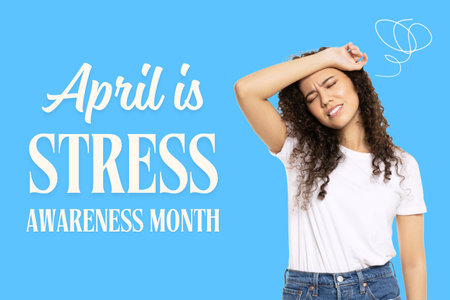 Stress month, tired woman on a blue backgroundの写真素材