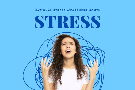 Stress Month, woman on blue background, with textの写真素材