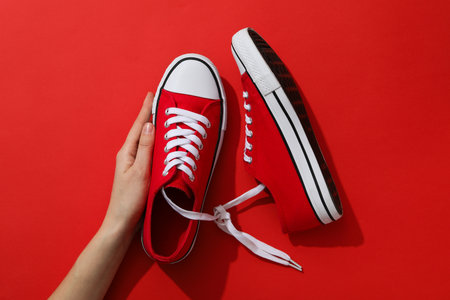 Stylish red sneakers on a red backgroundの写真素材