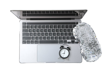 PNG, Alarm o'clock, laptop with sleep mask and alarm clock, isolated on white background