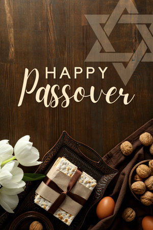 Passover, greeting inscription with nuts, flowers, egg, matzah on a tray, on a brown backgroundの写真素材