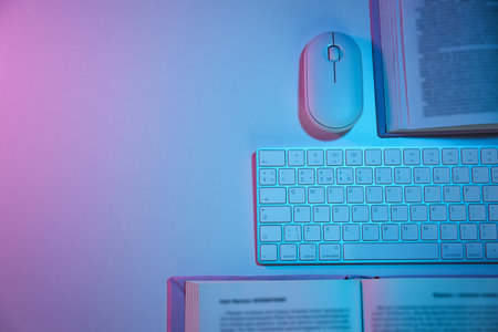 Books with a computer mouse and keyboard, on a light background.の写真素材