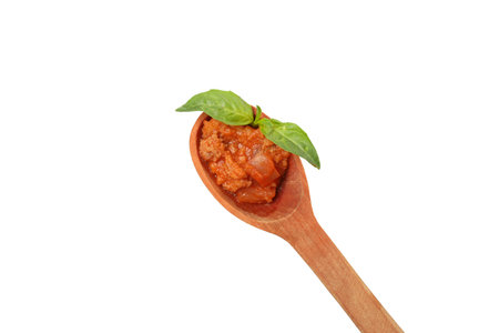 PNG, Bolognese sauce in wooden spoon, isolated on white background, top viewの写真素材