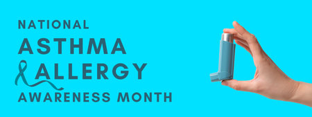 A hand holds an inhaler against a bright teal backdrop to raise asthma and allergy awareness