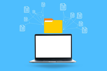 A laptop with an open screen displays file management connected to cloud storage systemsの写真素材