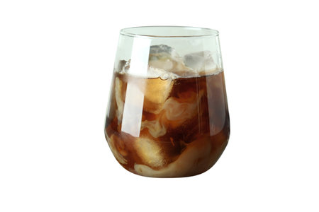 Chilled coffee beverage with ice visible in a clear glass, isolated on white
