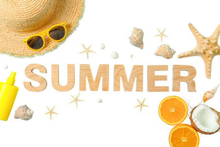 Colorful summer items arranged with sunscreen and tropical fruits, isolated on whiteの写真素材