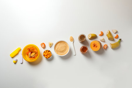 Children's vegetable and fruit puree, on a light background.の写真素材