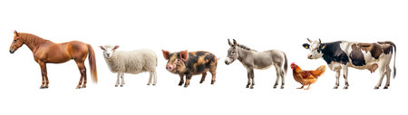 Farm animals like horses, sheep, pigs, and cows gathered, PNG, created with Generative AI