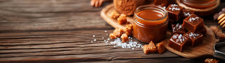 Salted caramel treats on a wooden surface, created with Generative AIの写真素材