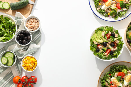 Cooking salad with tuna on a light background.の写真素材