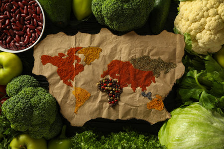 Set of vegan protein products and spices on map on wooden background, top viewの写真素材