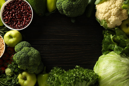 Set of vegan protein products on wooden backgroundの写真素材