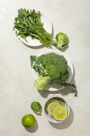 Set of vegan protein products on bowl and plate on light background, top view