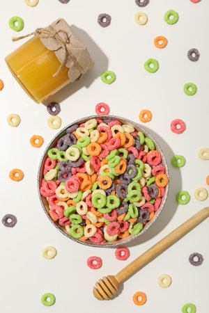 Colorful cornflakes, concept of tasty breakfast, morning foodの写真素材