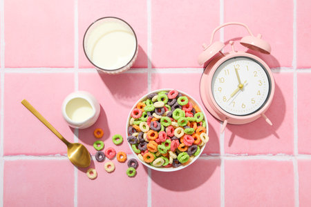 Colorful cornflakes, concept of tasty breakfast, morning food