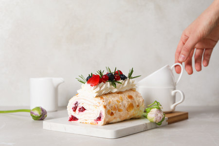Meringue roll, concept of tasty and delicious foodの写真素材