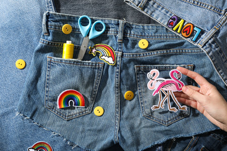 Denim clothing and decorative accessories in hand, top view