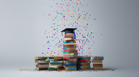 A cap on books with colorful confetti, created with AIの素材