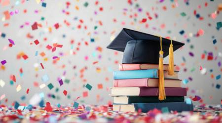 Grad cap on books with confetti, created with AIの素材
