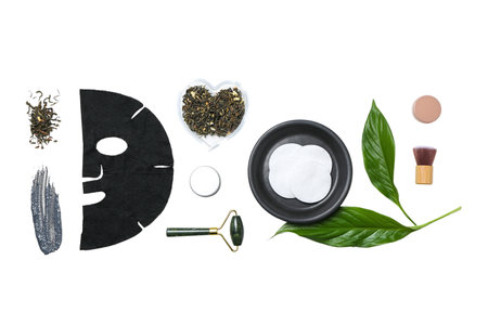 Organizing skincare tools and products, isolated on whiteの写真素材