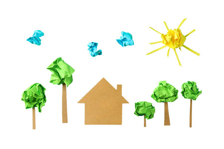 Colorful shapes form a fun landscape, isolated on whiteの写真素材