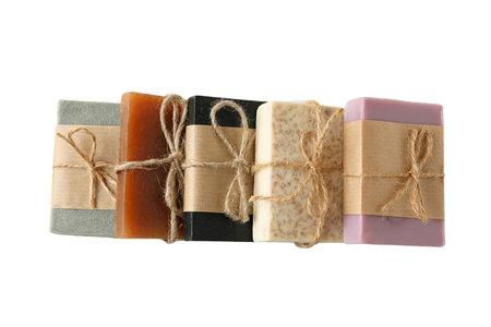 Five soap bars tied with twine, isolated on whiteの写真素材