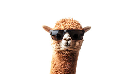 Alpaca with sunglasses relaxing in a summer setting, isolated, created with AIの素材