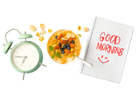 Vibrant breakfast: cereal and fruit, isolated on white background