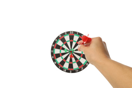 A hand skillfully aims a dart at a dartboard, isolated on white, PNGの写真素材