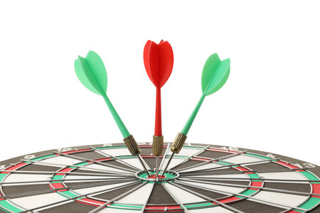 Darts hit the bullseye during a game, isolated on white, PNG