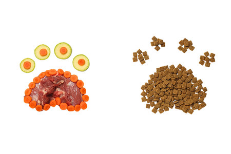Paw-shaped healthy dog food & veggies, isolated on white, PNGの写真素材