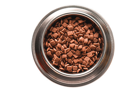 Pet food is neatly placed in a silver bowl, isolated on white, PNG