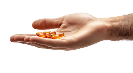 Person's palm holds clear orange capsules, created with AI, PNGの素材