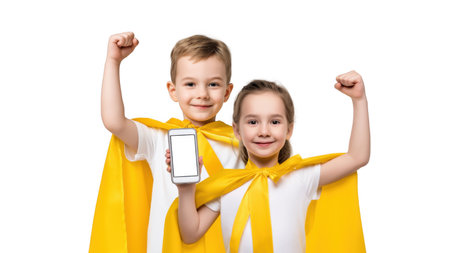 Kids in yellow capes with a smartphone, created with AI, PNGの写真素材