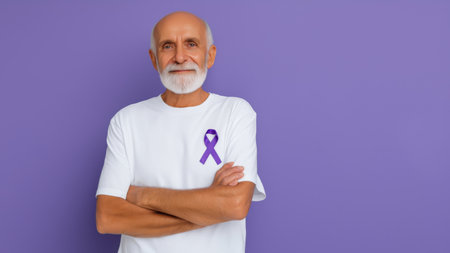 Senior man shows purple ribbon for Alzheimer's, created with AIの素材