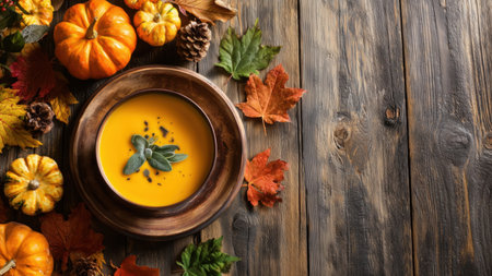 Autumn-decorated pumpkin soup on wooden background, created with AIの素材