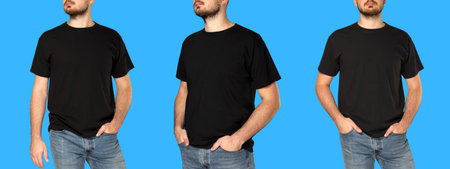 Man displays three black T-shirt styles on blue backdropの写真素材
