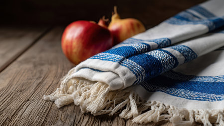 Fresh apples rest beside a vibrant woven cloth, created with AI