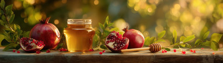Pomegranates and honey on wood with greenery, created with AIの素材