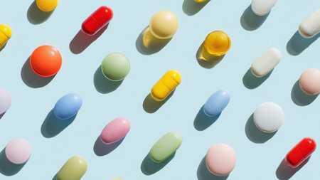 Colorful pills and capsules on display, created with AI