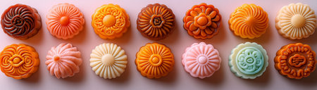 Multicolored mooncakes on pink background top view, created with Generative AI technologyの写真素材
